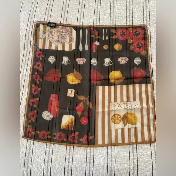 Vintage A. Brod tea flower fruit lemon strawberry scarf bag scarf neck scarf - Picture 2 of 7